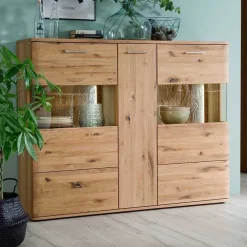 Wohnen Esszimmerschränke|Highboards*Eiche Bianco Highboard mit Glas-Einsätzen - Crokas
