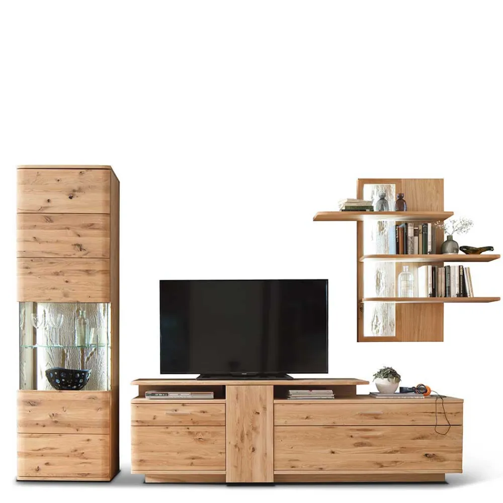 Wohnen Wohnzimmerschränke|Wohnwände*Eiche Bianco Wohnwand Set 320cm - Crokas (dreiteilig)
