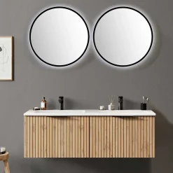 Wohnen 2er Waschtisch & Lichtspiegel rund - Crystoga (dreiteilig)