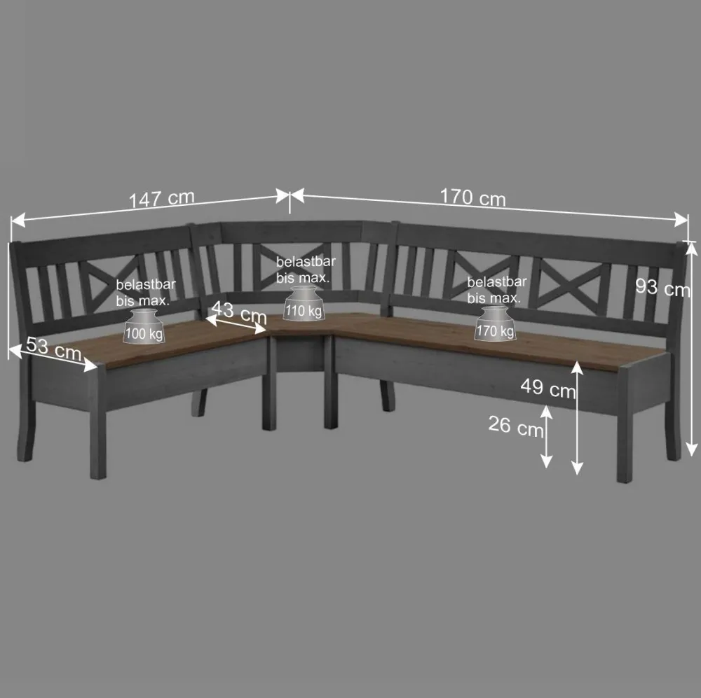 Wohnen Küchenbänke|Esszimmerbänke*Esstisch Eckbank Jytte in Grau Kiefer massiv