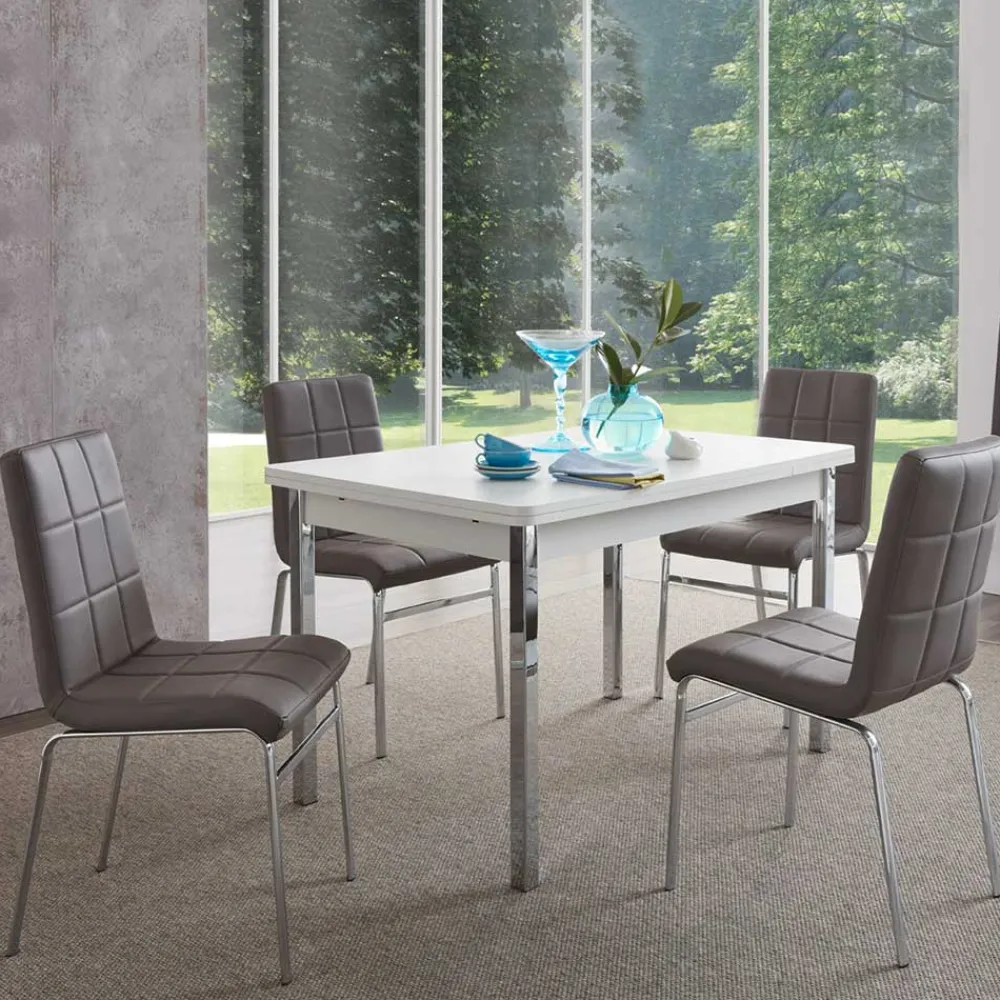 Wohnen Esszimmer Sitzgruppe in Grau & Weiß Sisela mit Kunstleder Stühlen (fünfteilig)