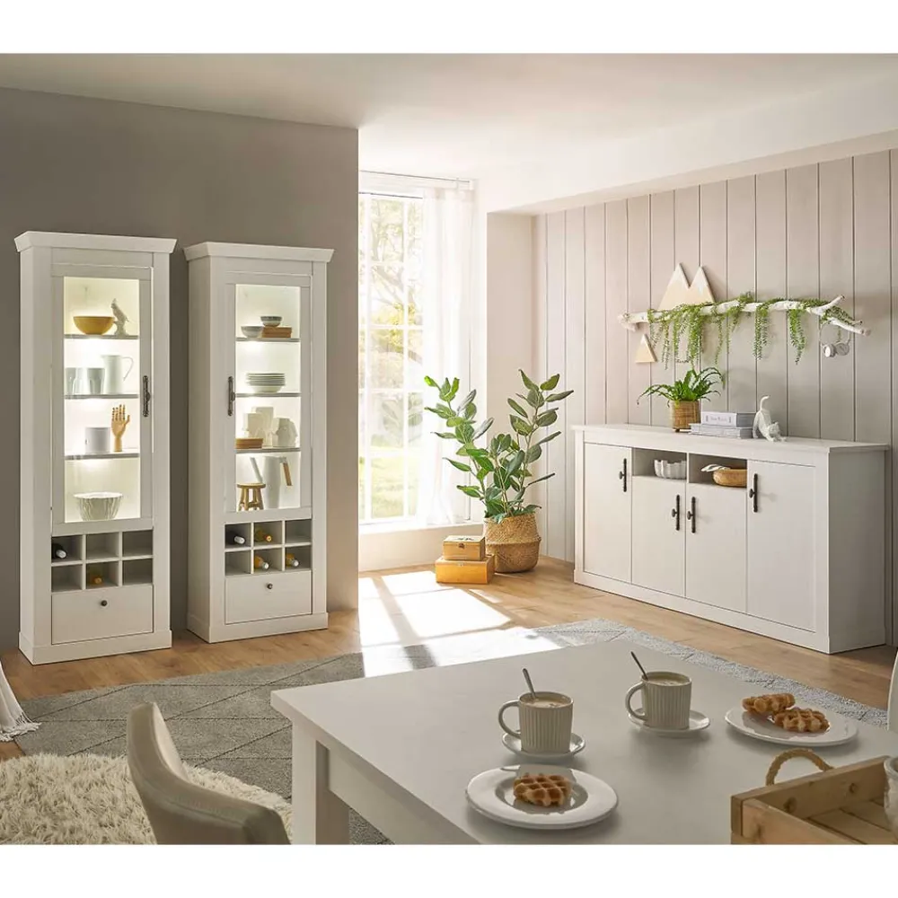 Wohnen Skandinavische Möbel|Wohnzimmer Komplett*Esszimmerschrank Set in weißer Holzoptik Pinie - Liancos (dreiteilig)