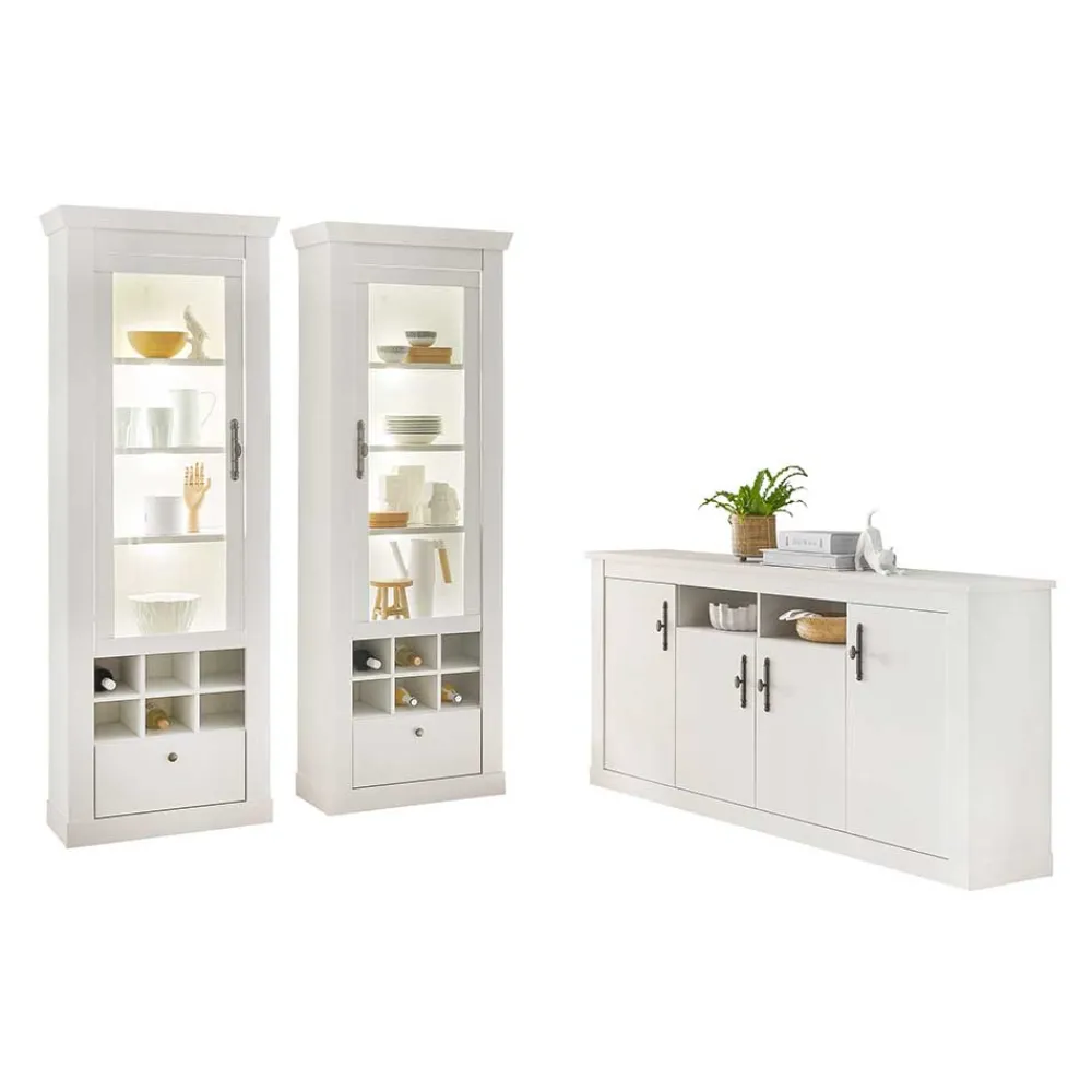 Wohnen Skandinavische Möbel|Wohnzimmer Komplett*Esszimmerschrank Set in weißer Holzoptik Pinie - Liancos (dreiteilig)