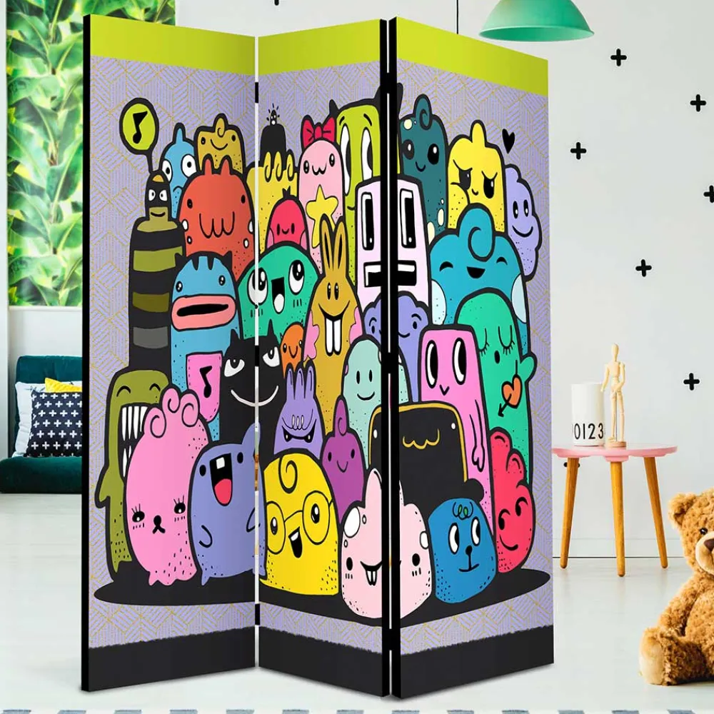 Kinder Wohnen Farbenfroher Paravent mit süßen Comic Monstern - Feradila
