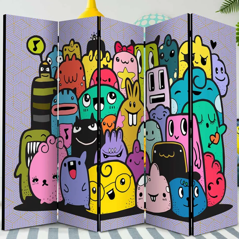 Kinder Wohnen Farbenfroher Paravent mit süßen Comic Monstern - Feradila
