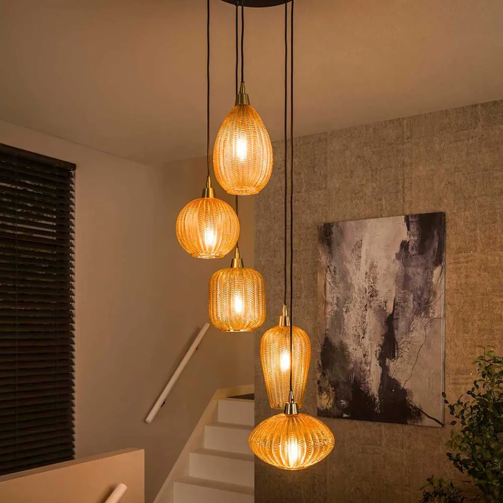 Wohnen 5-flammige Hängelampe mit Braunglas Schirmen - Infermo