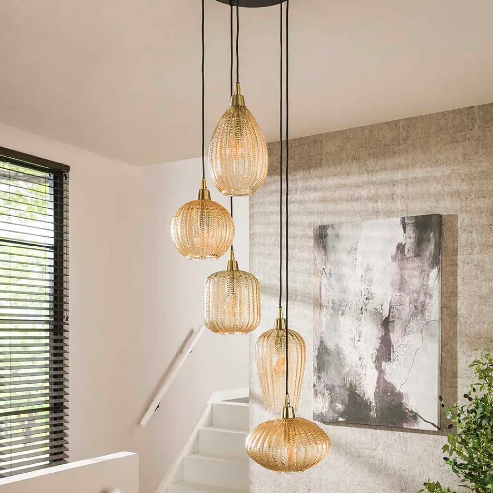 Wohnen 5-flammige Hängelampe mit Braunglas Schirmen - Infermo