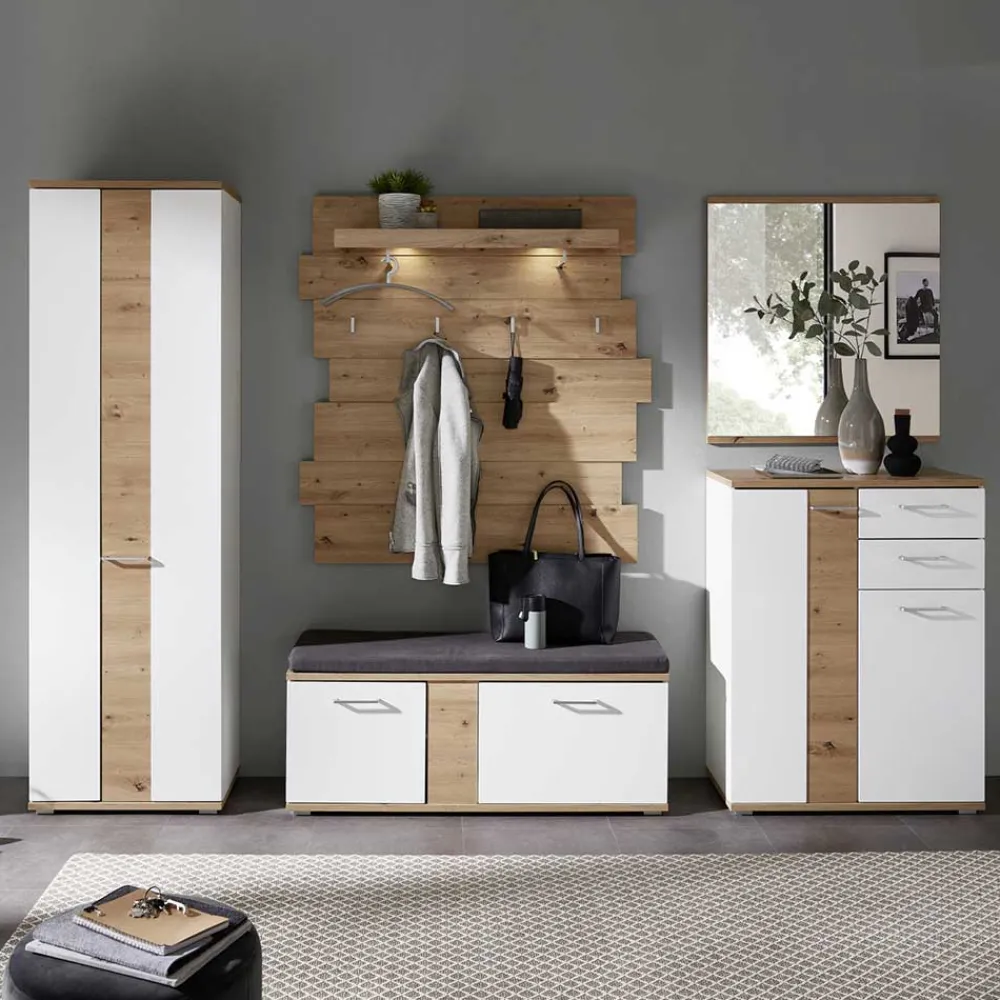 Wohnen Flurmöbel Set in Weiß & Wildeiche - Symbrosia (fünfteilig)