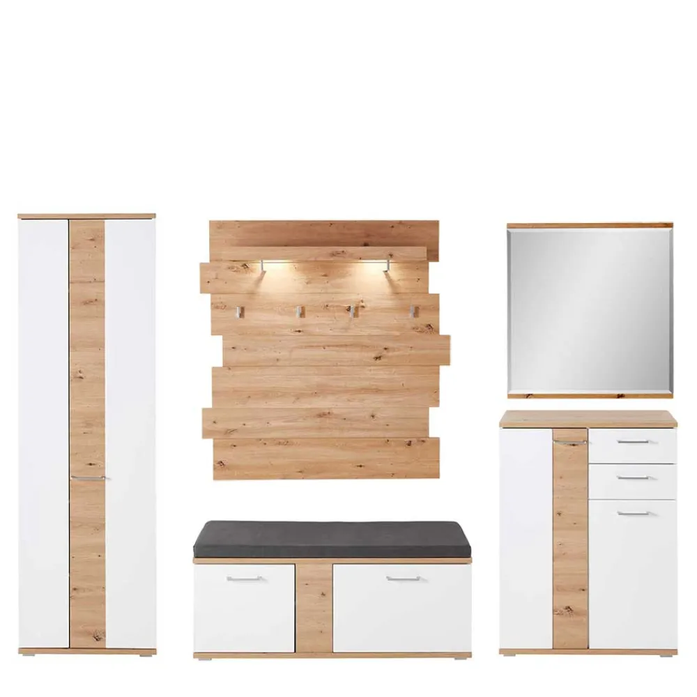 Wohnen Flurmöbel Set in Weiß & Wildeiche - Symbrosia (fünfteilig)