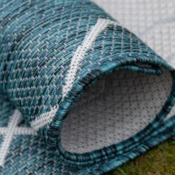 Wohnen Garten Teppich in Petrol Blau & Creme - Trojar