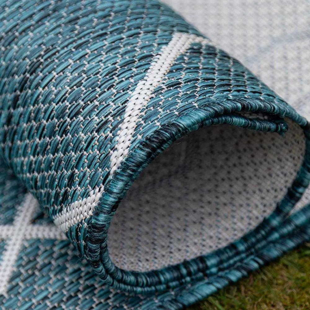Wohnen Garten Teppich in Petrol Blau & Creme - Trojar