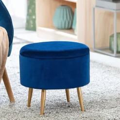 Wohnen Retro Möbel|Hocker*Gepolsterter Hocker in Blau & Gold - Chasmarin