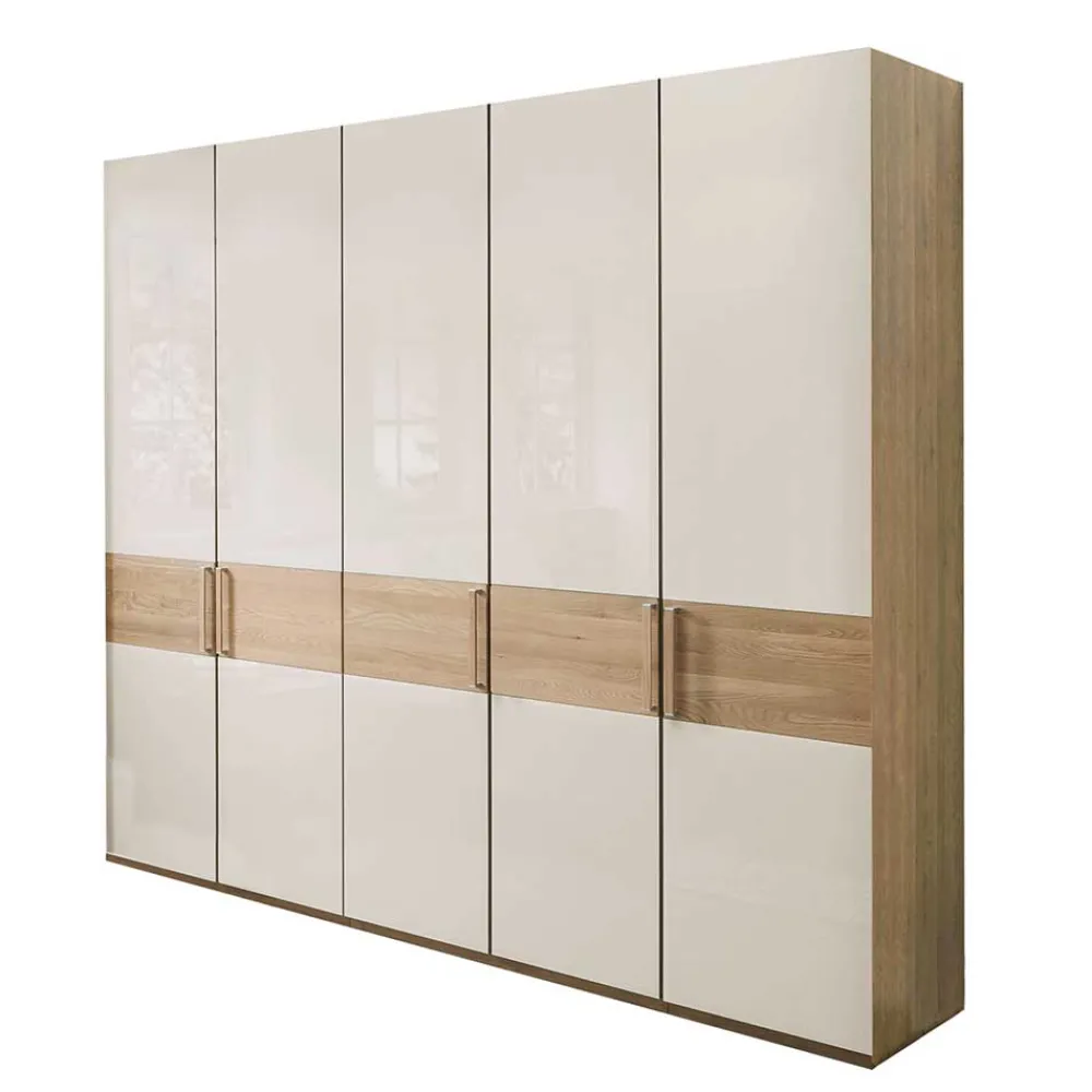 Wohnen Naturholzmöbel|Kleiderschränke*Glasfront Kleiderschrank in Beige & Eiche - Emdsiva