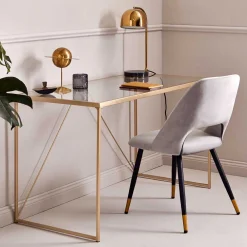 Wohnen Glas-Schreibtisch mit Bügelgestell in Gold - Limgo