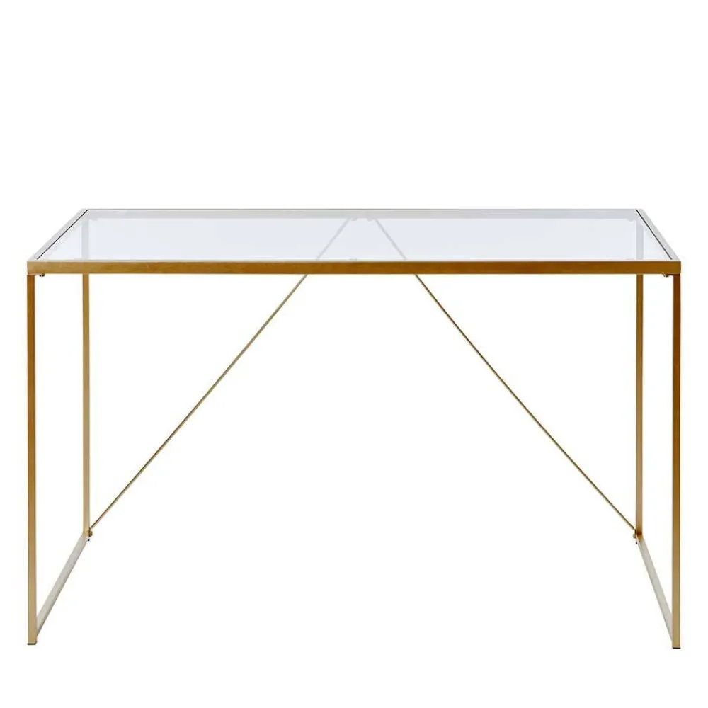 Wohnen Glas-Schreibtisch mit Bügelgestell in Gold - Limgo