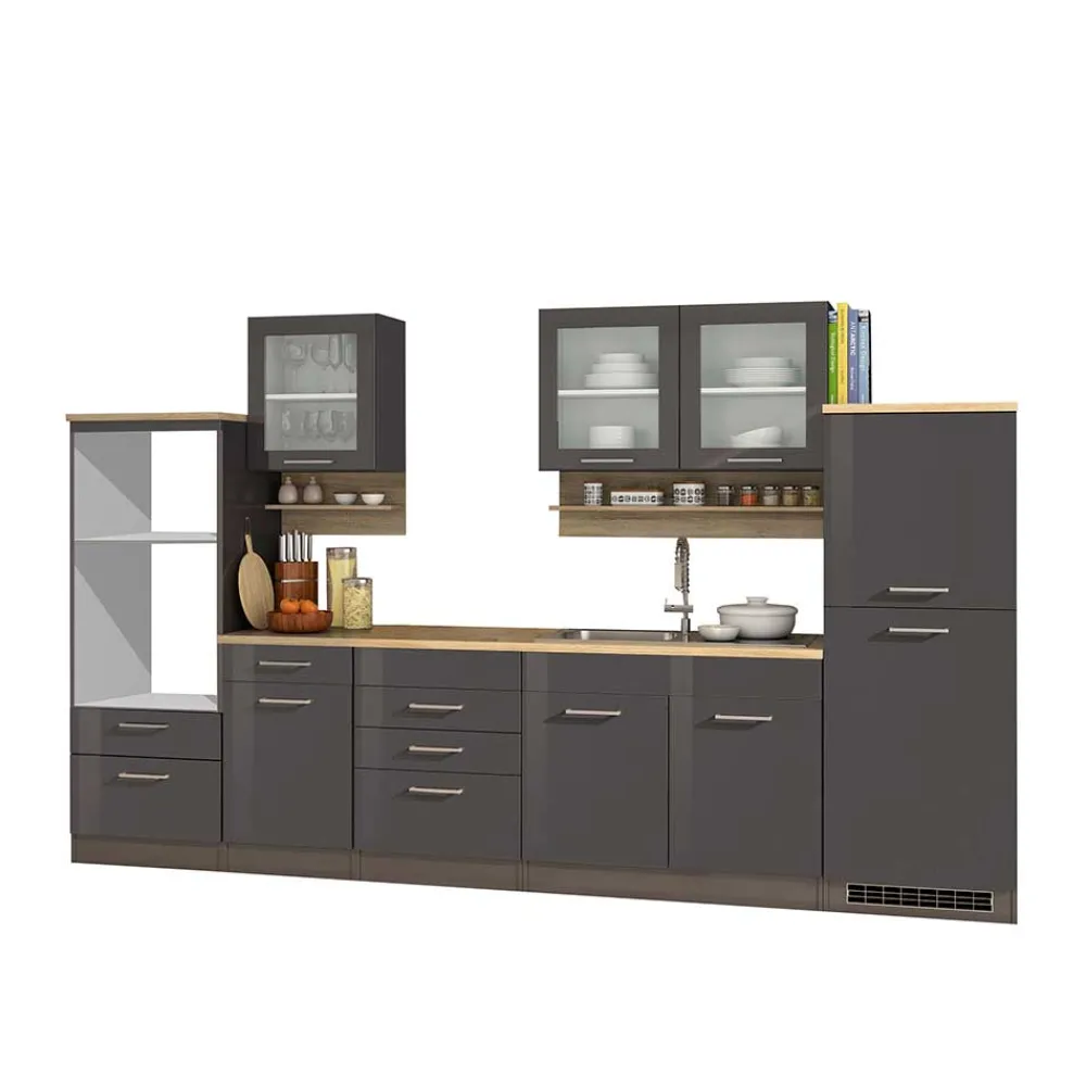 Wohnen Küche Komplett|Küchenzeilen*Graue Hochglanz Küche als Leerblock - Bozenia III (zehnteilig)