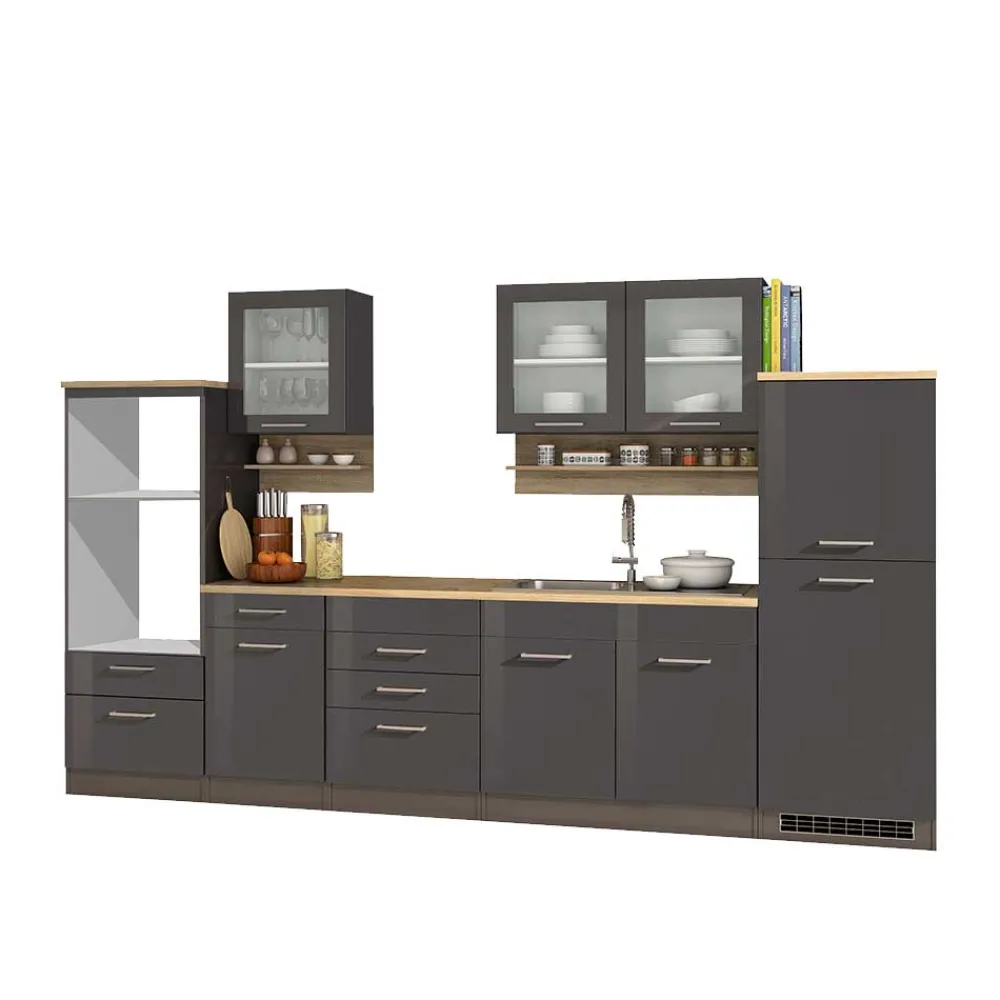 Wohnen Küche Komplett|Küchenzeilen*Graue Hochglanz Küche als Leerblock - Bozenia III (zehnteilig)