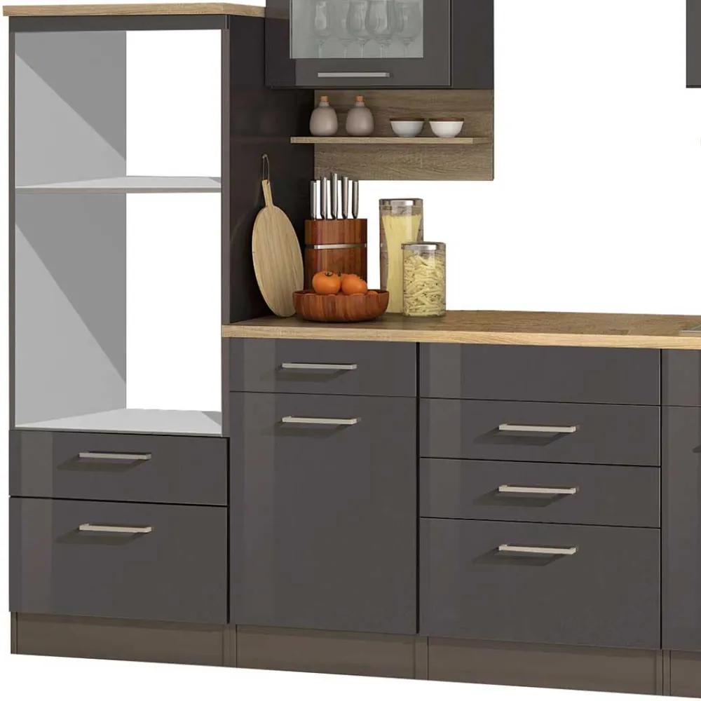 Wohnen Küche Komplett|Küchenzeilen*Graue Hochglanz Küche als Leerblock - Bozenia III (zehnteilig)