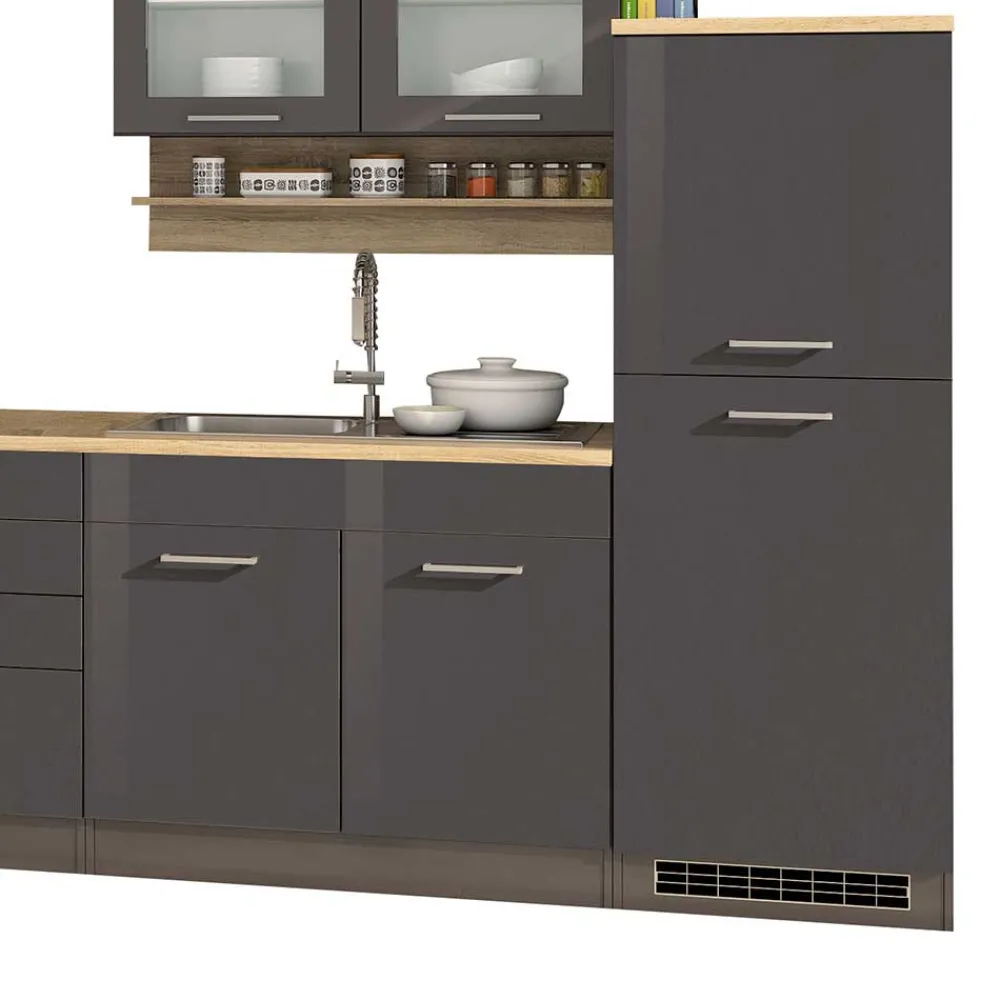 Wohnen Küche Komplett|Küchenzeilen*Graue Hochglanz Küche als Leerblock - Bozenia III (zehnteilig)