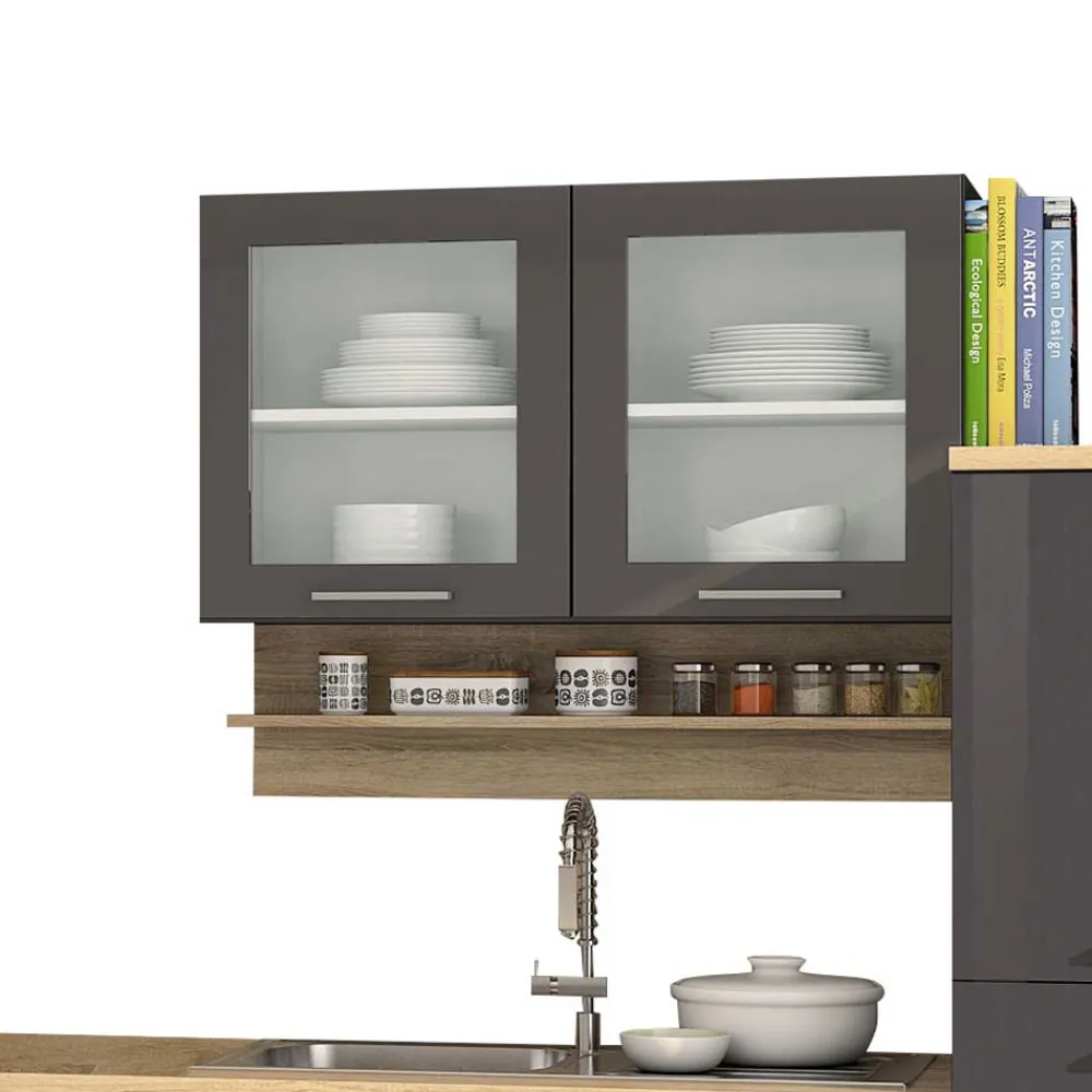 Wohnen Küche Komplett|Küchenzeilen*Graue Hochglanz Küche als Leerblock - Bozenia III (zehnteilig)