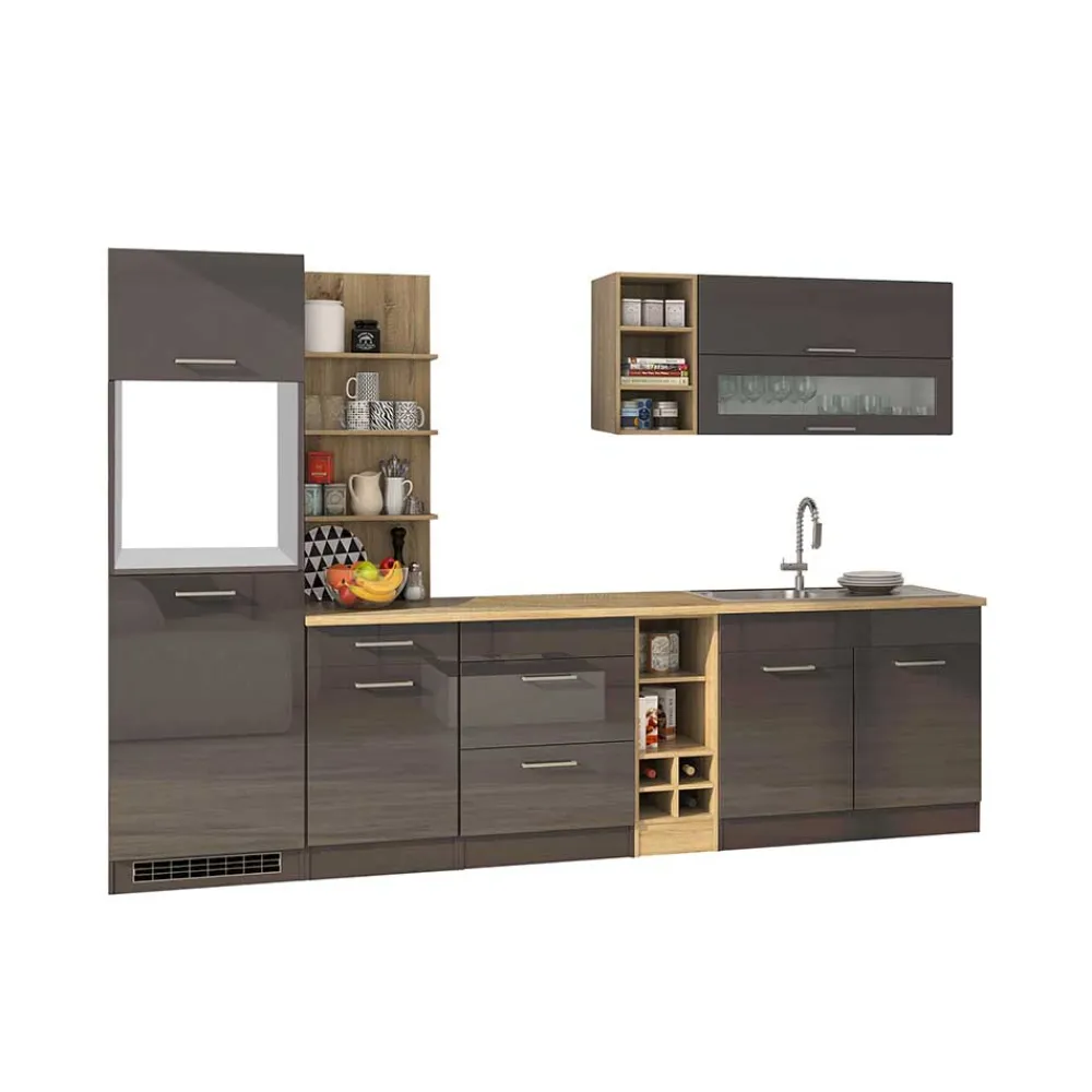 Wohnen Küche Komplett|Küchenzeilen*Graue Hochglanz-Küche mit Regalen - Bozenia (neunteilig)