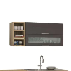 Wohnen Küche Komplett|Küchenzeilen*Graue Hochglanz-Küche mit Regalen - Bozenia (neunteilig)