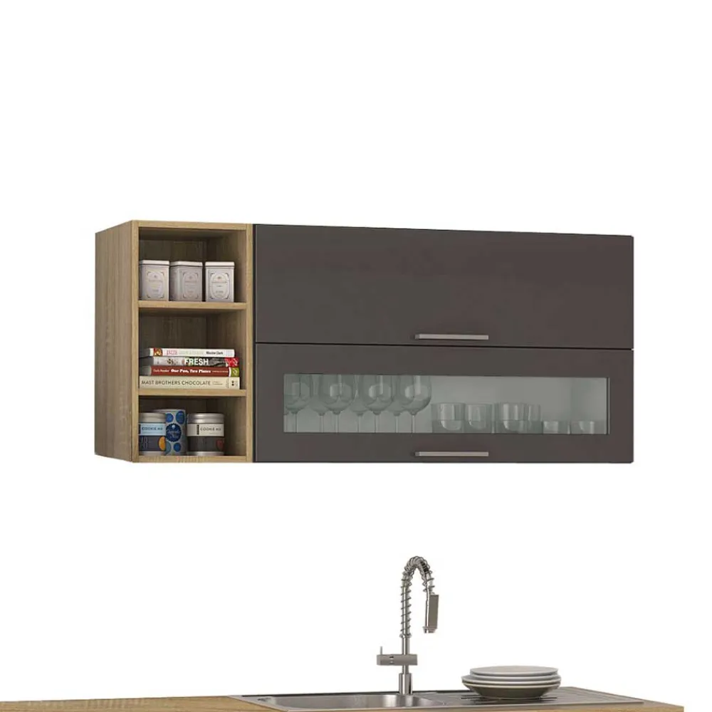 Wohnen Küche Komplett|Küchenzeilen*Graue Hochglanz-Küche mit Regalen - Bozenia (neunteilig)