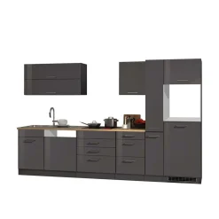 Wohnen Küche Komplett|Küchenzeilen*Grauer Hochglanz Küchenblock 330cm - Bozenia (achtteilig)