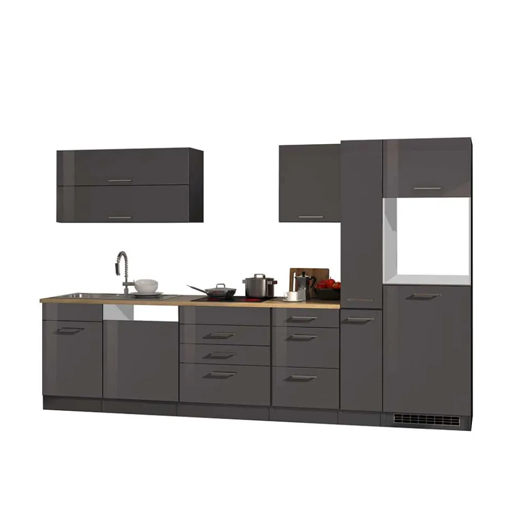 Wohnen Küche Komplett|Küchenzeilen*Grauer Hochglanz Küchenblock 330cm - Bozenia (achtteilig)