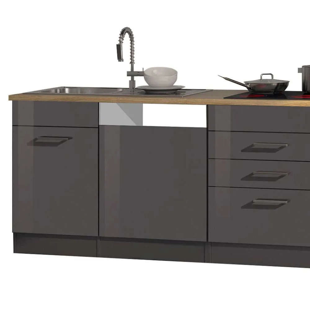 Wohnen Küche Komplett|Küchenzeilen*Grauer Hochglanz Küchenblock 330cm - Bozenia (achtteilig)