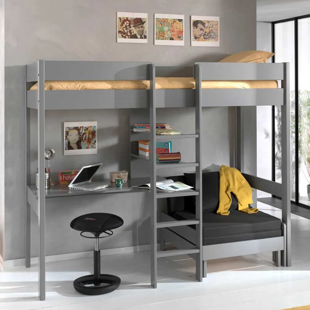 Kinder Wohnen Graues Hochbett mit Schlafsessel - Rienas (zweiteilig)