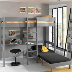 Kinder Wohnen Graues Hochbett mit Schlafsessel - Rienas (zweiteilig)