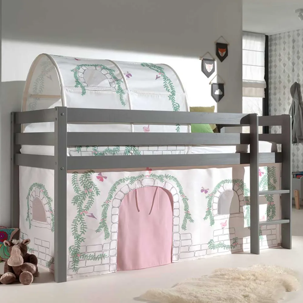 Wohnen Jugendbetten|Kinderbetten*Graues Hochbettgestell mit Spieltunnel & Vorhang - Sercan