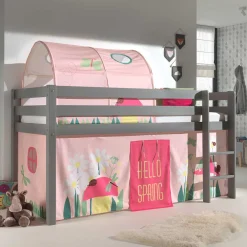 Wohnen Jugendbetten|Kinderbetten*Graues Kiefernholz-Hochbettgestell mit Spieltunnel - Dannys