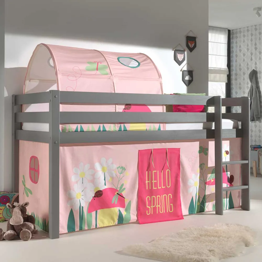 Wohnen Jugendbetten|Kinderbetten*Graues Kiefernholz-Hochbettgestell mit Spieltunnel - Dannys