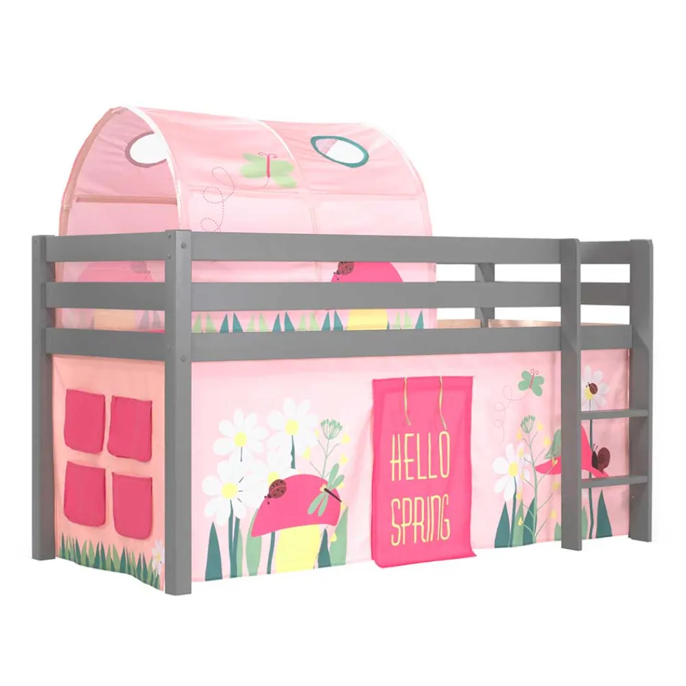 Wohnen Jugendbetten|Kinderbetten*Graues Kiefernholz-Hochbettgestell mit Spieltunnel - Dannys
