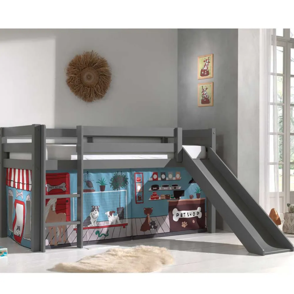 Wohnen Kinderbetten*Graues Kinderhochbett mit Spielvorhang Tierladen - Lionca