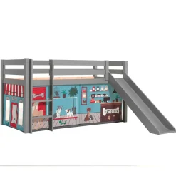 Wohnen Kinderbetten*Graues Kinderhochbett mit Spielvorhang Tierladen - Lionca