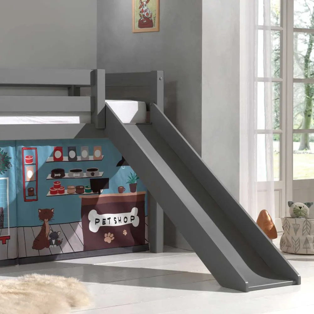 Wohnen Kinderbetten*Graues Kinderhochbett mit Spielvorhang Tierladen - Lionca