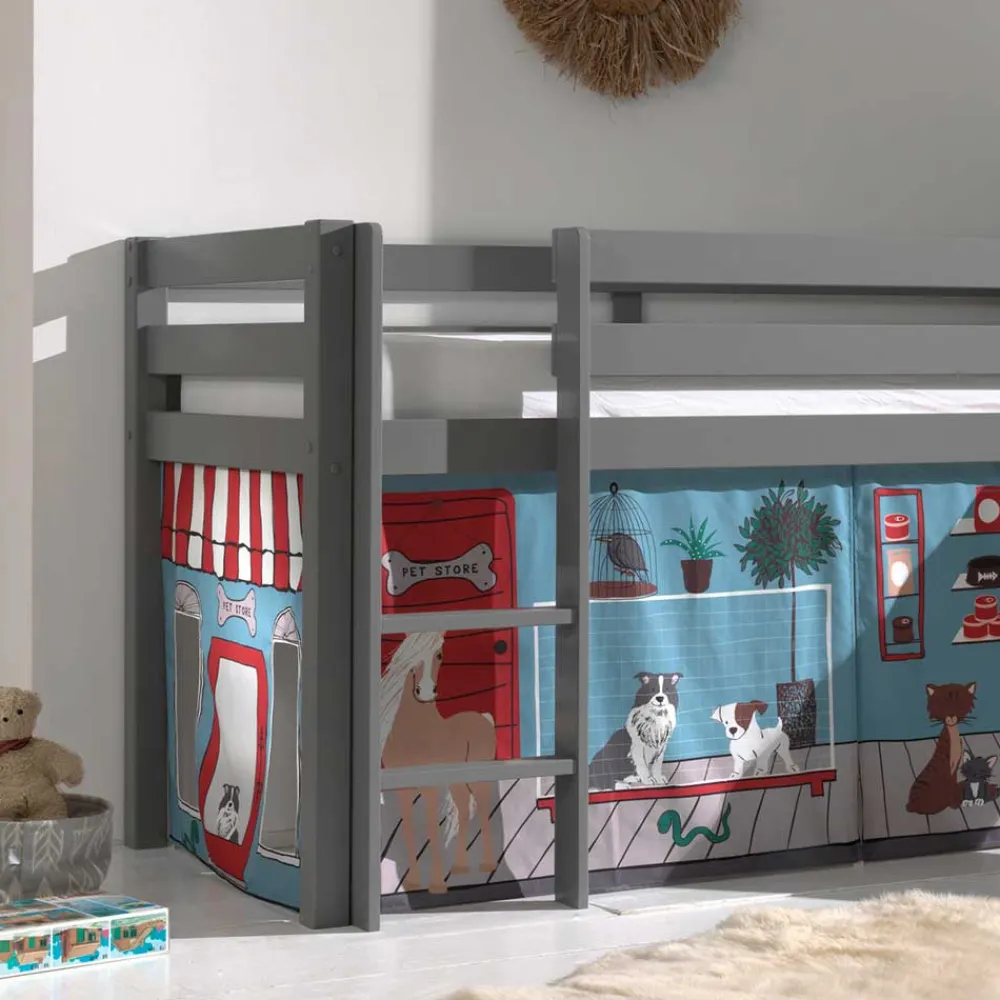 Wohnen Kinderbetten*Graues Kinderhochbett mit Spielvorhang Tierladen - Lionca