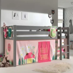 Wohnen Kindermöbel|Kinderbetten*Graues Massivholz-Hochbett mit Vorhang & Taschen - Corsica