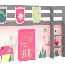 Wohnen Kindermöbel|Kinderbetten*Graues Massivholz-Hochbett mit Vorhang & Taschen - Corsica