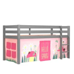 Kinder Wohnen Graues Massivholz-Kinder-Hochbett mit Vorhang - Baptisto