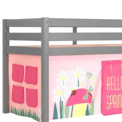 Kinder Wohnen Graues Massivholz-Kinder-Hochbett mit Vorhang - Baptisto