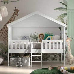 Kinder Wohnen Halbhohes Hausbett in Weiß lackiert - Kumaria
