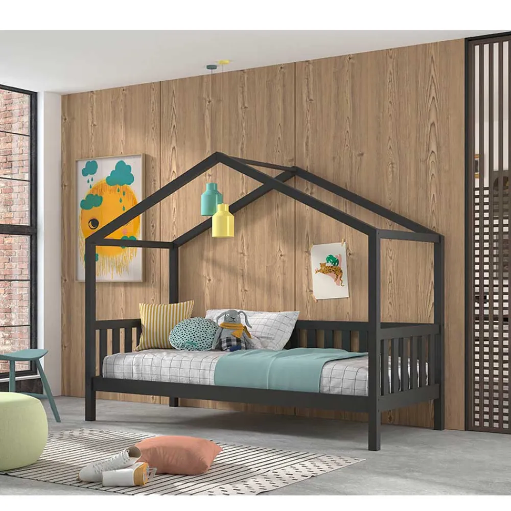 Kinder Wohnen Hausbett in Anthrazit aus Kiefernholz - Neptunus