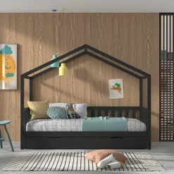 Kinder Wohnen Hausbett in Anthrazit aus Kiefernholz - Neptunus