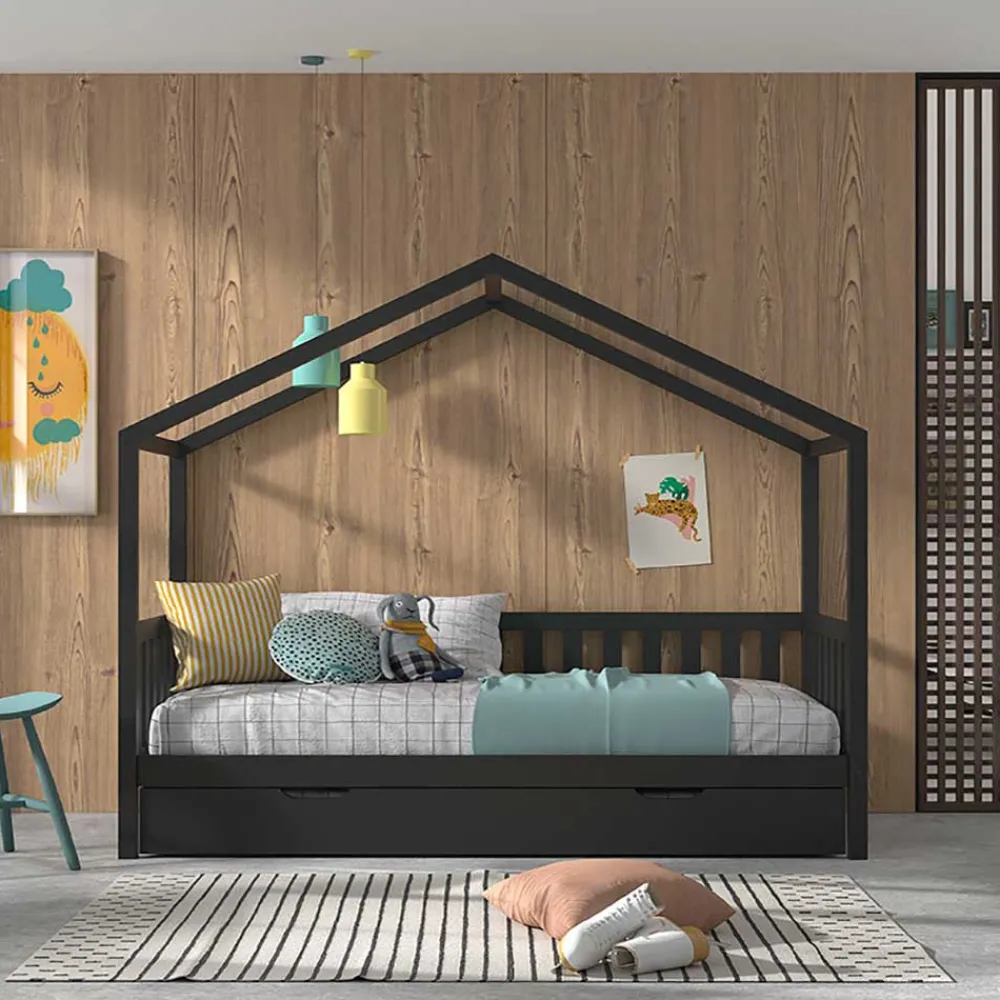 Kinder Wohnen Hausbett in Anthrazit aus Kiefernholz - Neptunus