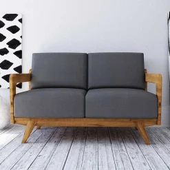 Wohnen Retro Möbel|Sofas*Hellgraues Stoff Sofa mit Wildeiche Gestell - Hardus