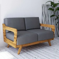 Wohnen Retro Möbel|Sofas*Hellgraues Stoff Sofa mit Wildeiche Gestell - Hardus